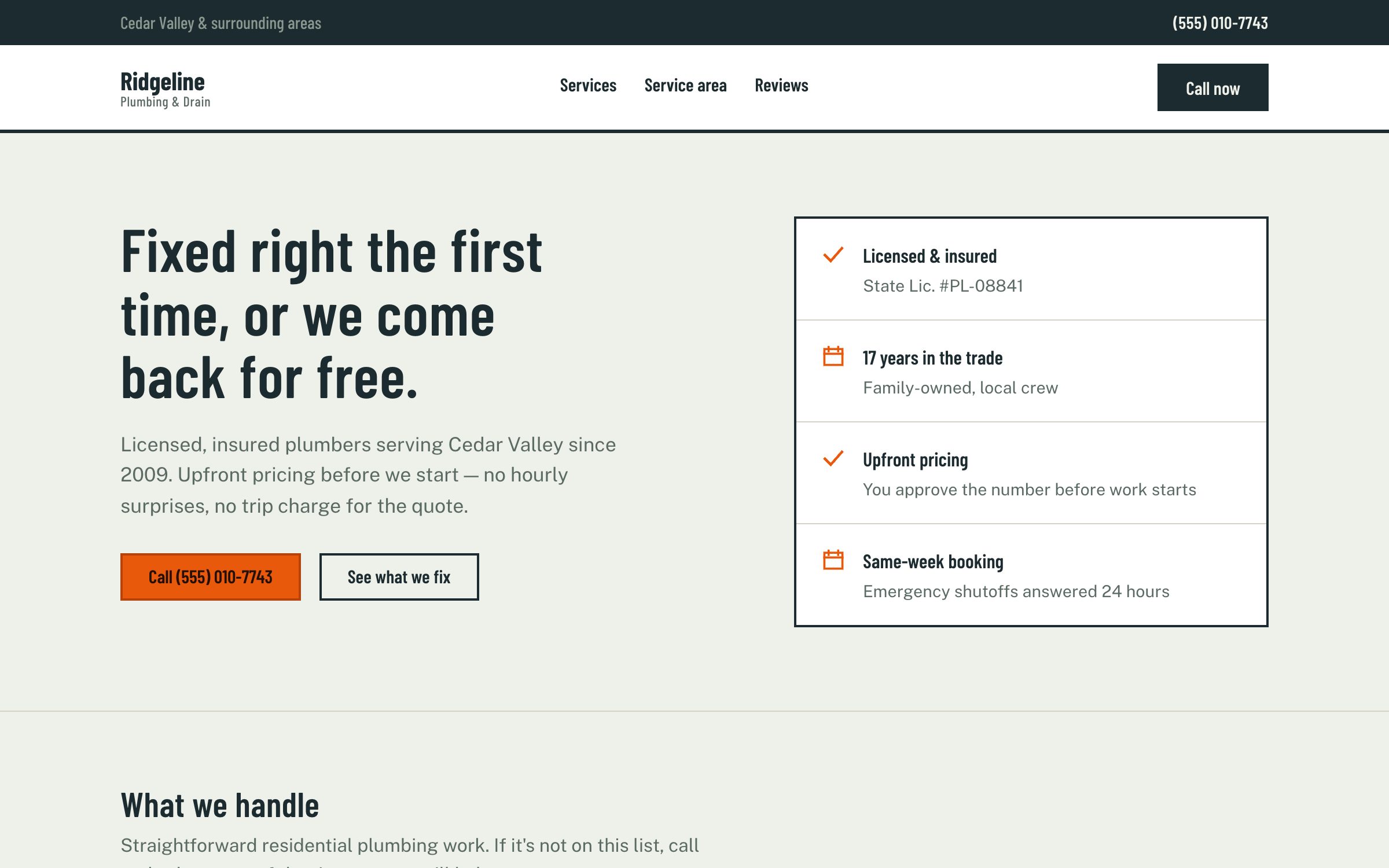 Screenshot of the Ridgeline Plumbing & Drain template site