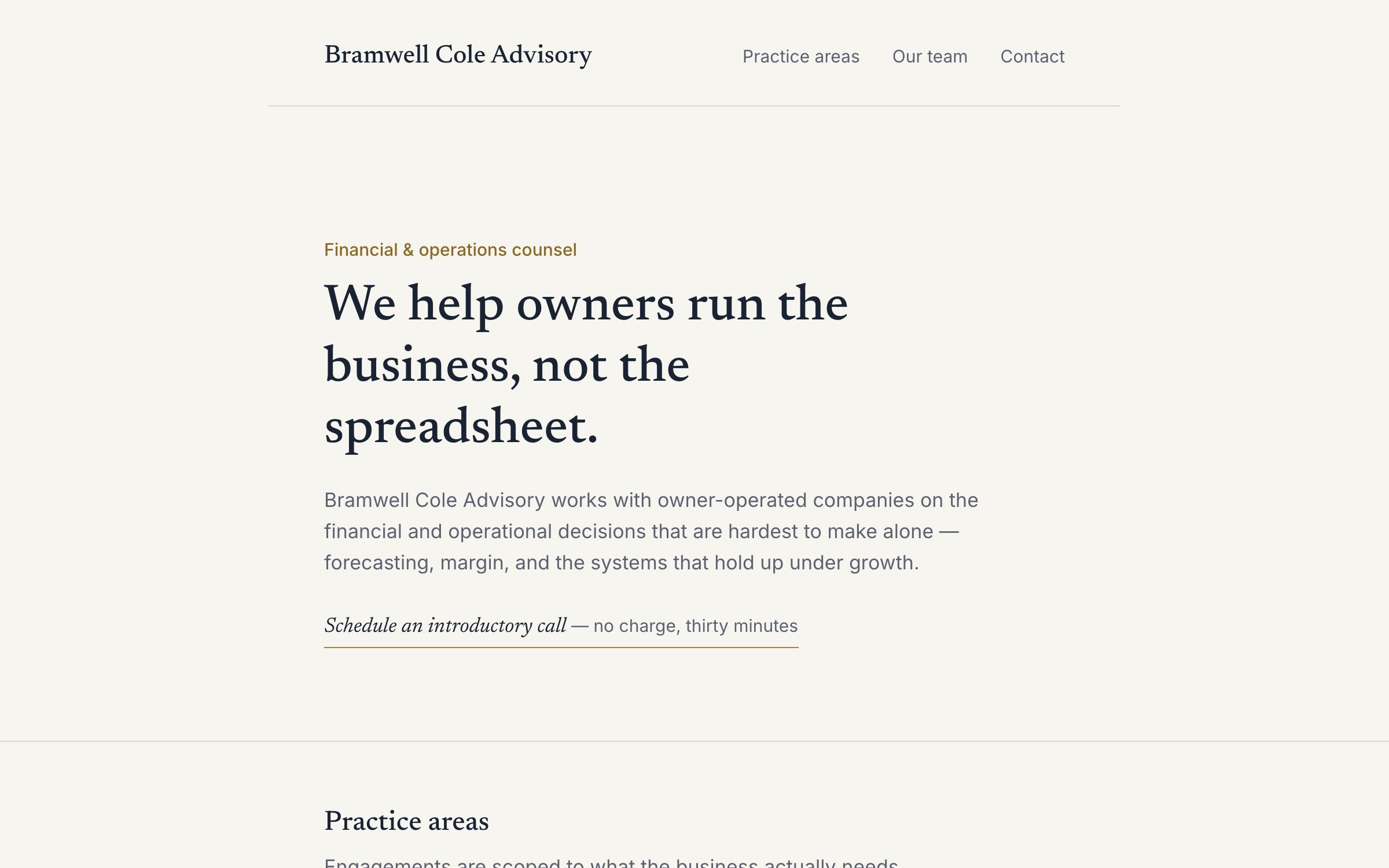 Screenshot of the Bramwell Cole Advisory template site