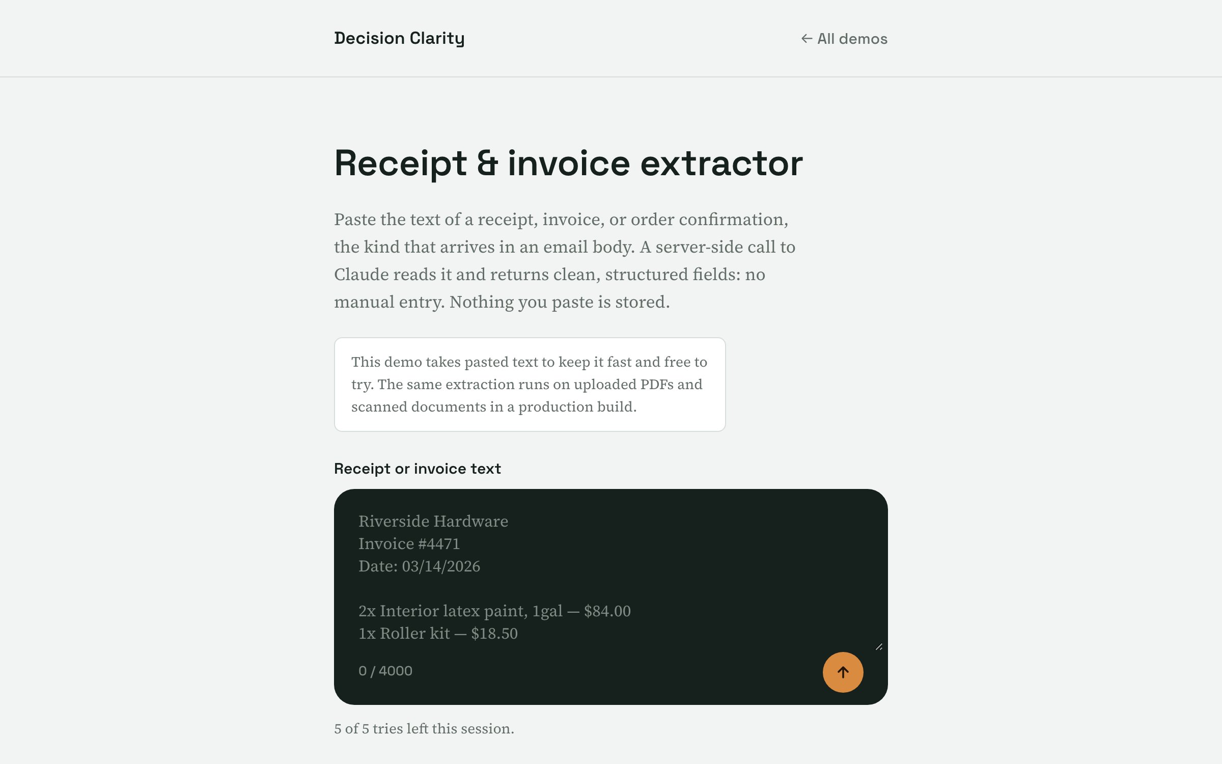 Screenshot of the Receipt & invoice extractor demo